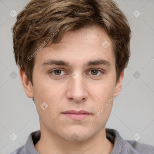 Neutral white young-adult male with short  brown hair and grey eyes