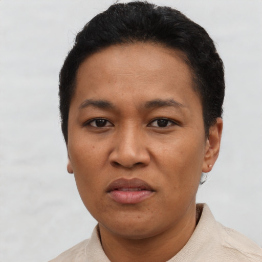 Joyful latino adult female with short  black hair and brown eyes