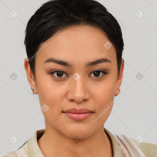 Joyful asian young-adult female with short  brown hair and brown eyes