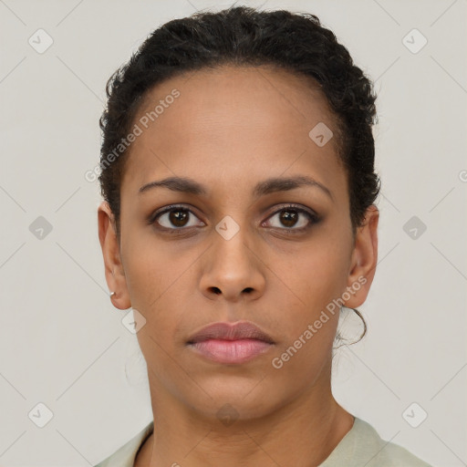 Neutral latino young-adult female with short  brown hair and brown eyes