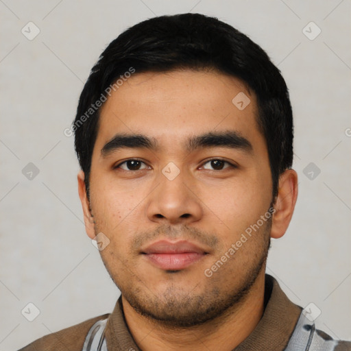 Neutral asian young-adult male with short  black hair and brown eyes