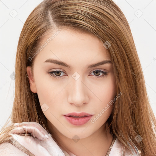 Neutral white young-adult female with long  brown hair and brown eyes