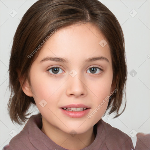 Joyful white child female with medium  brown hair and brown eyes