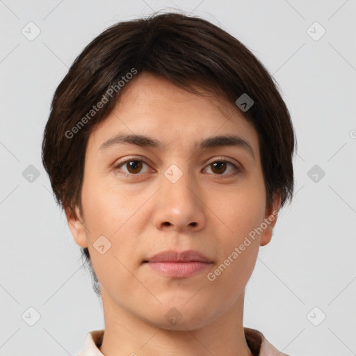 Neutral white young-adult female with short  brown hair and brown eyes