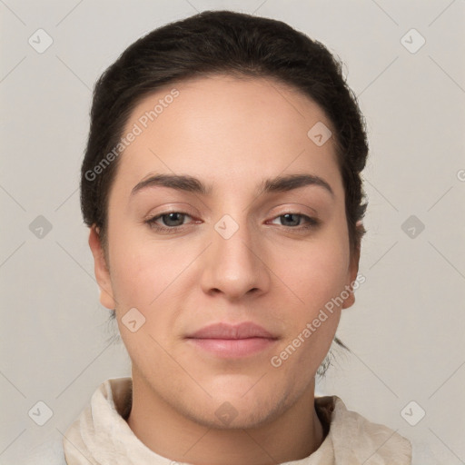 Neutral white young-adult female with short  brown hair and brown eyes