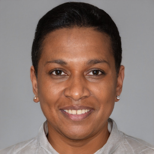 Joyful latino young-adult female with short  black hair and brown eyes
