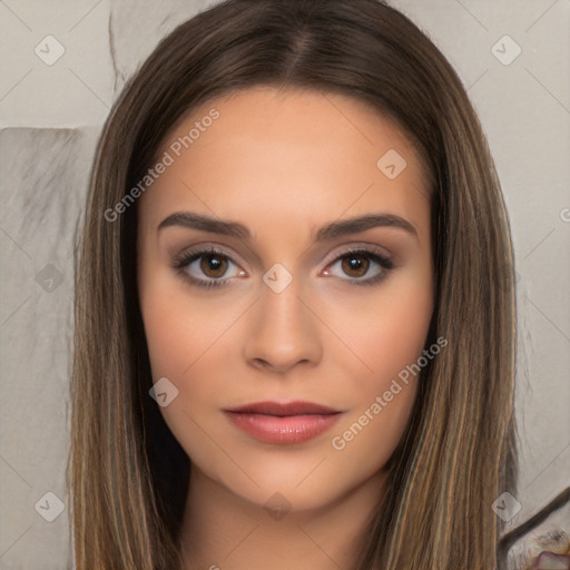 Neutral white young-adult female with long  brown hair and brown eyes