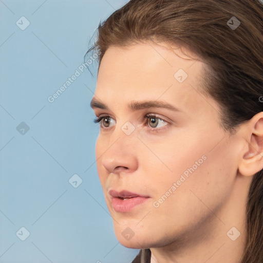 Neutral white young-adult female with medium  brown hair and brown eyes