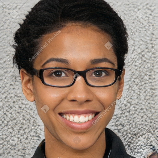 Joyful latino young-adult female with short  brown hair and brown eyes