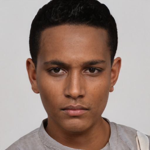Neutral black young-adult male with short  black hair and brown eyes