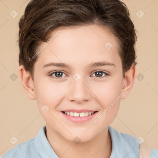 Joyful white child female with short  brown hair and brown eyes