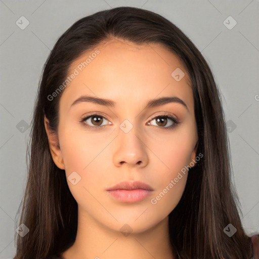 Neutral white young-adult female with long  brown hair and brown eyes