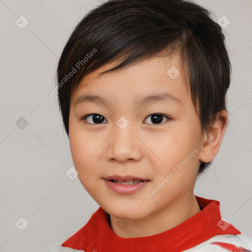 Joyful white child female with medium  brown hair and brown eyes
