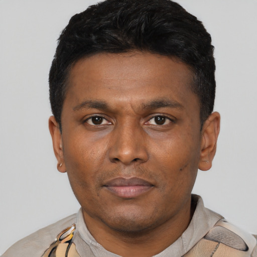 Neutral latino young-adult male with short  black hair and brown eyes