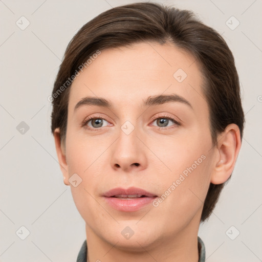 Neutral white young-adult female with short  brown hair and grey eyes