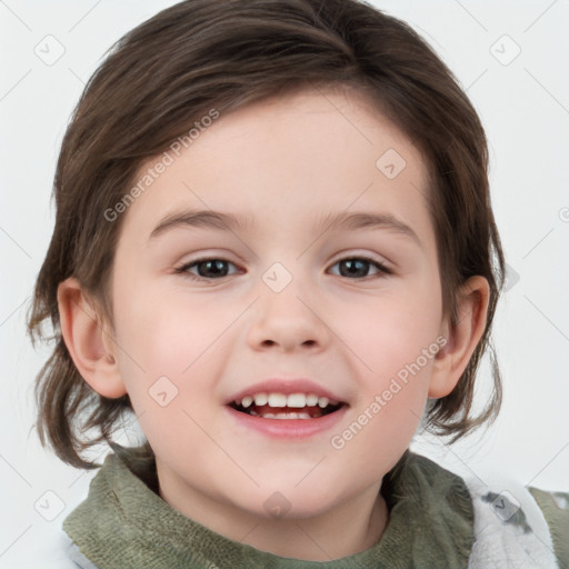 Joyful white child female with medium  brown hair and grey eyes