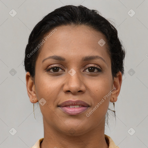 Joyful latino young-adult female with short  brown hair and brown eyes
