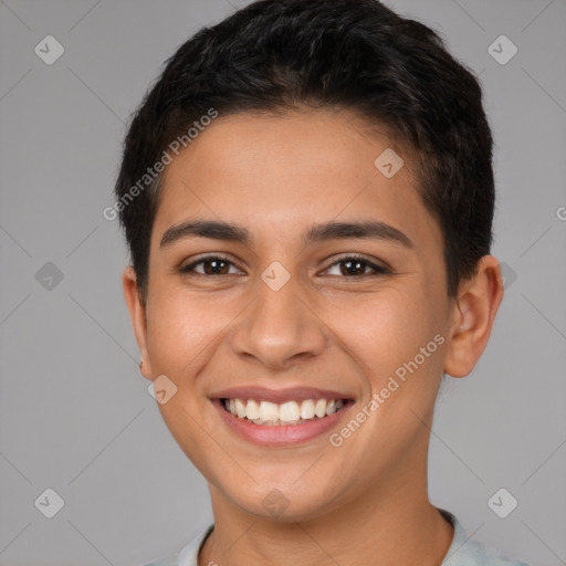 Joyful latino young-adult female with short  brown hair and brown eyes