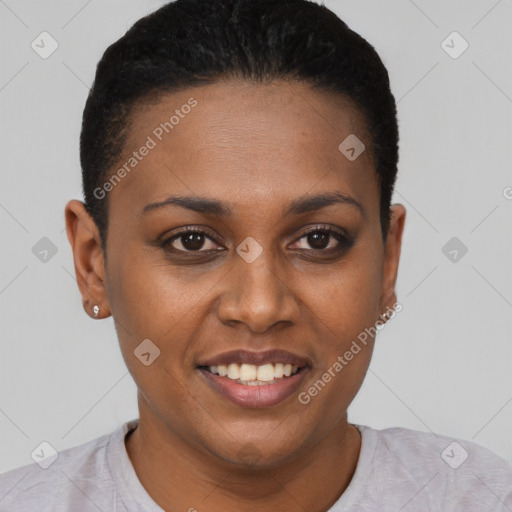 Joyful black young-adult female with short  black hair and brown eyes