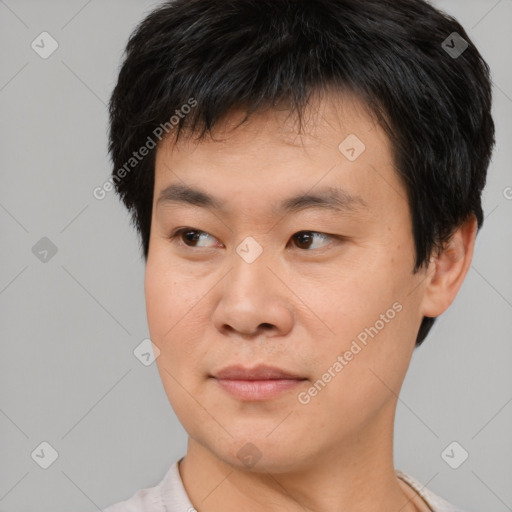 Neutral asian young-adult male with short  brown hair and brown eyes