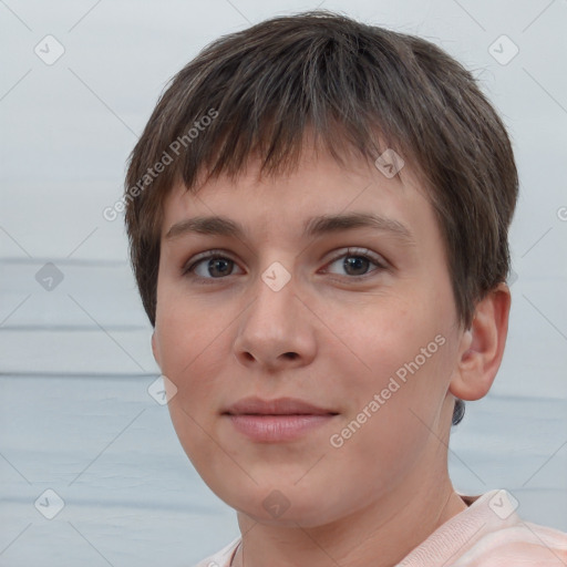 Neutral white young-adult female with short  brown hair and brown eyes