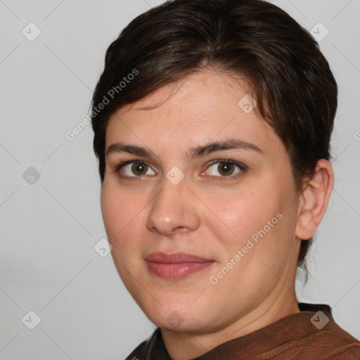 Joyful white young-adult female with medium  brown hair and brown eyes