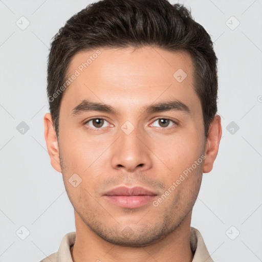 Neutral white young-adult male with short  brown hair and brown eyes