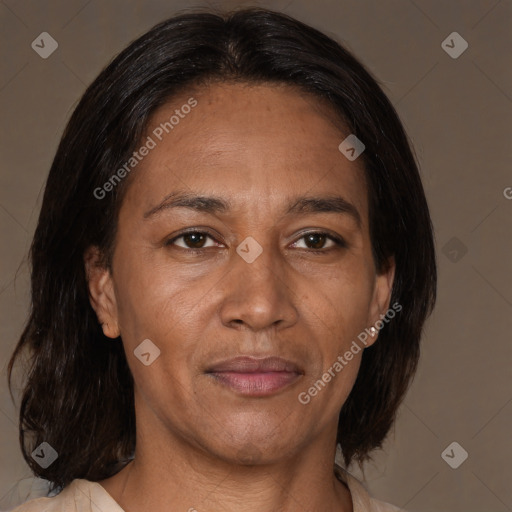 Joyful latino adult female with medium  brown hair and brown eyes