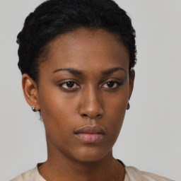 Neutral black young-adult female with short  black hair and brown eyes