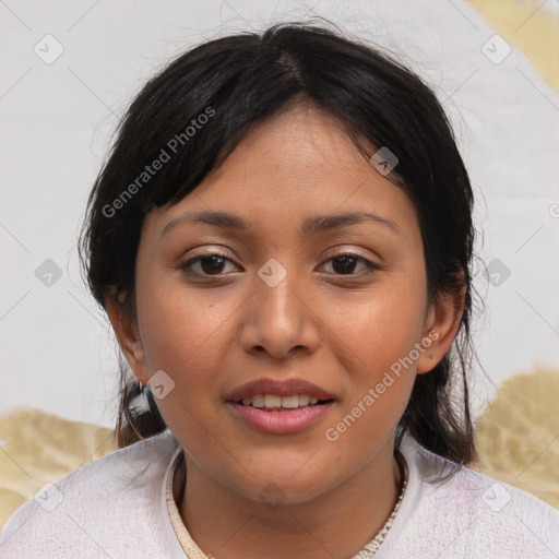 Joyful asian young-adult female with medium  brown hair and brown eyes