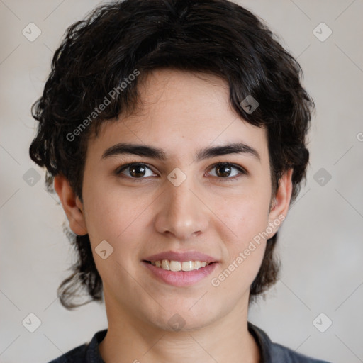 Joyful white young-adult male with medium  brown hair and brown eyes