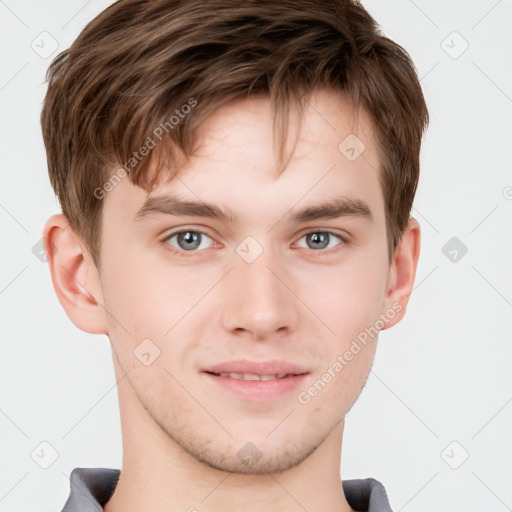 Neutral white young-adult male with short  brown hair and grey eyes