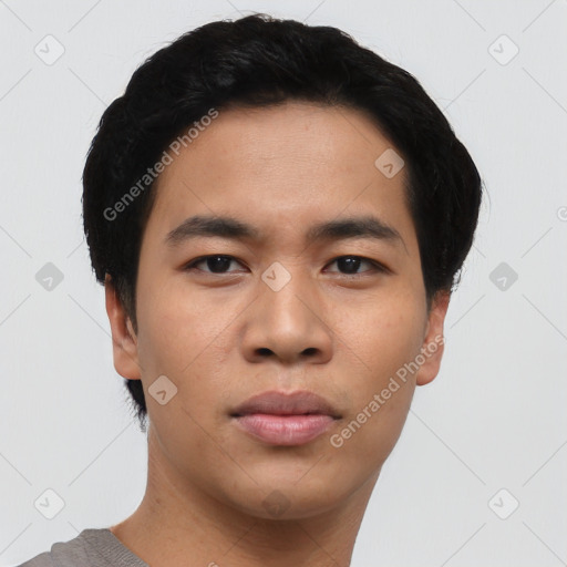 Neutral asian young-adult male with short  black hair and brown eyes