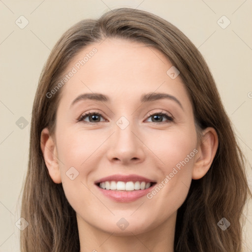 Joyful white young-adult female with long  brown hair and grey eyes