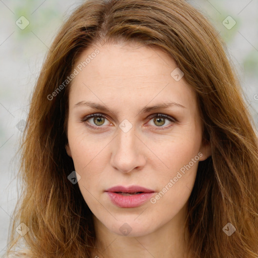 Joyful white young-adult female with long  brown hair and green eyes