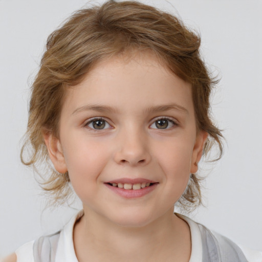 Joyful white child female with medium  brown hair and blue eyes