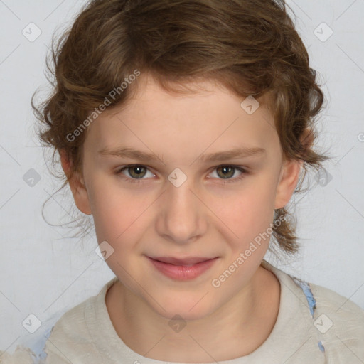 Joyful white child female with medium  brown hair and grey eyes