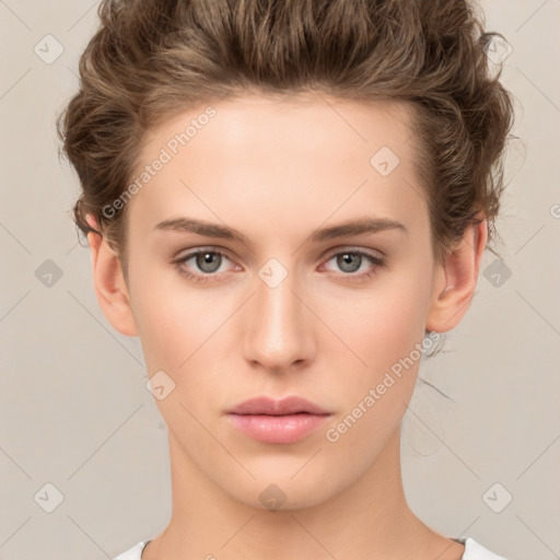 Neutral white young-adult female with short  brown hair and brown eyes