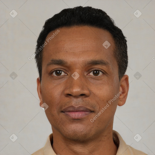 Neutral black young-adult male with short  black hair and brown eyes