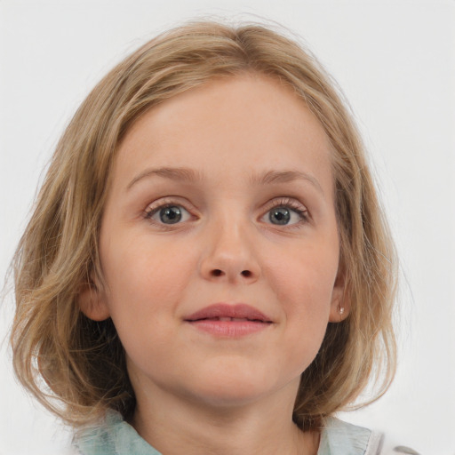 Neutral white child female with medium  brown hair and blue eyes