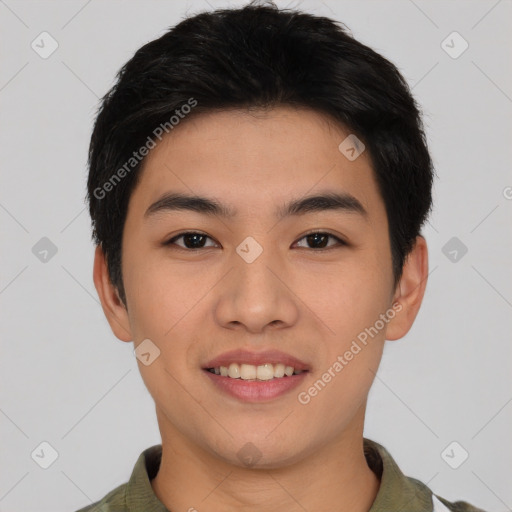 Joyful asian young-adult male with short  black hair and brown eyes