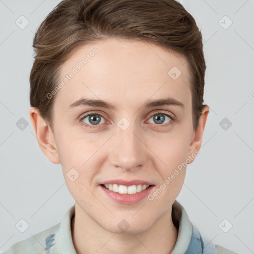 Joyful white young-adult female with short  brown hair and grey eyes