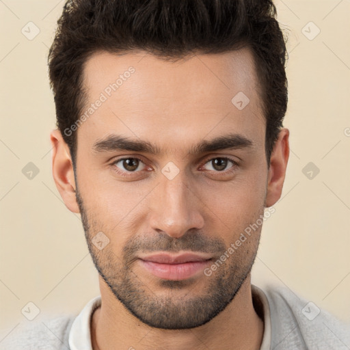 Neutral white young-adult male with short  brown hair and brown eyes