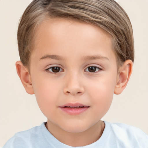 Joyful white child female with short  brown hair and brown eyes