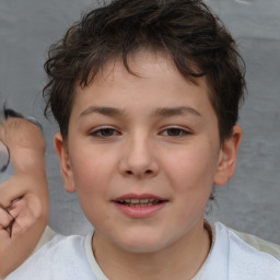 Joyful white child female with short  brown hair and brown eyes