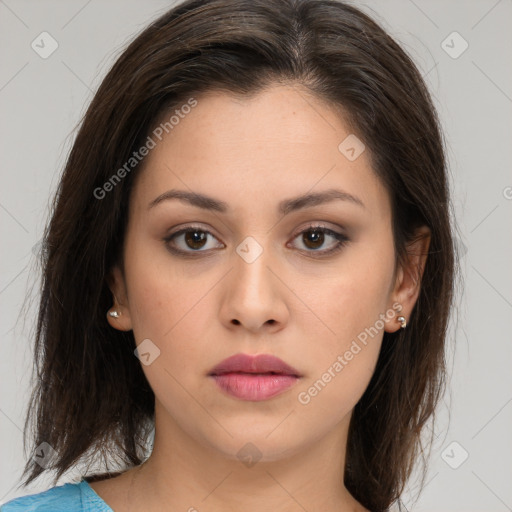 Neutral white young-adult female with medium  brown hair and brown eyes