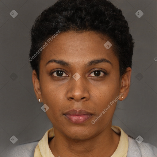 Neutral black young-adult female with short  black hair and brown eyes