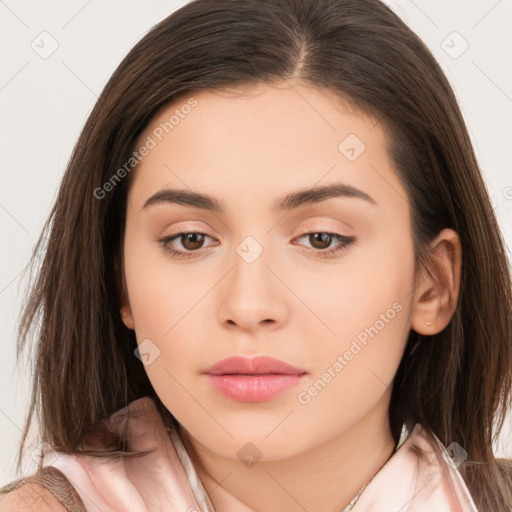 Neutral white young-adult female with long  brown hair and brown eyes