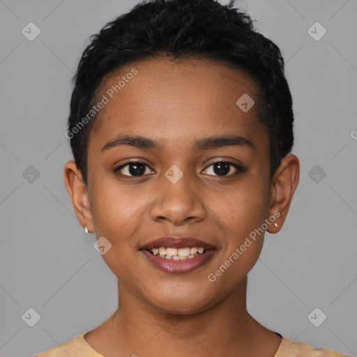 Joyful black young-adult female with short  black hair and brown eyes