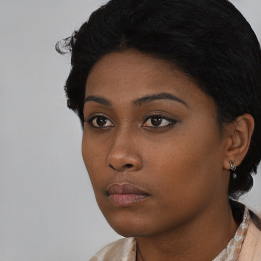 Neutral latino young-adult female with short  black hair and brown eyes